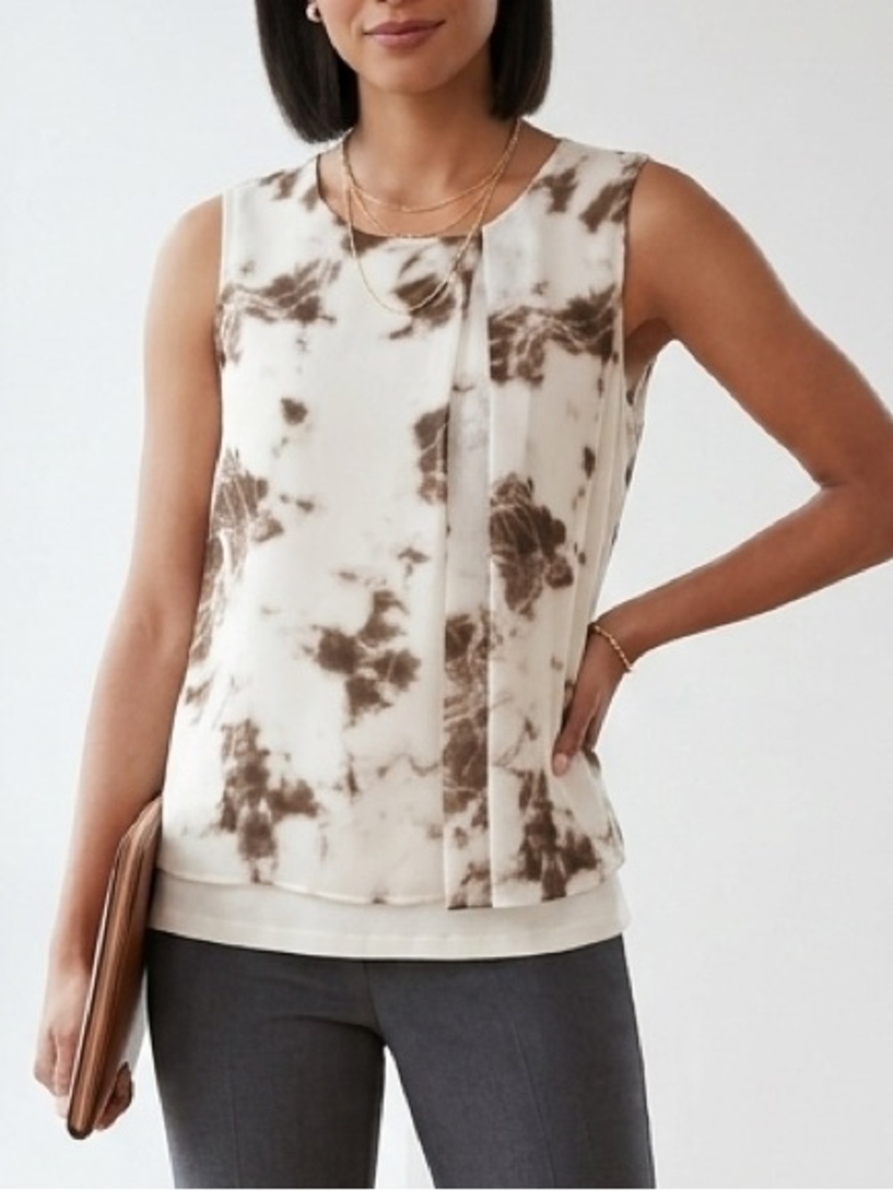 Calvin Klein Neutral Earth Tone Marbled Shell Top Women's Small Pleated Draped